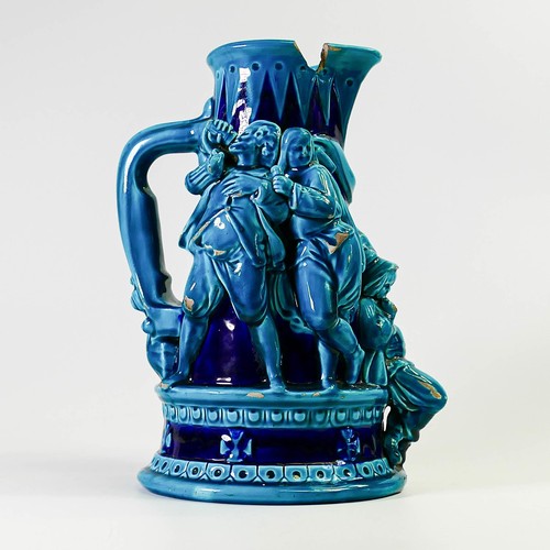 1607 - Minton Majolica 'Tavern' jug depicting old masters style tavern scene, dated 1877, impressed number ... 