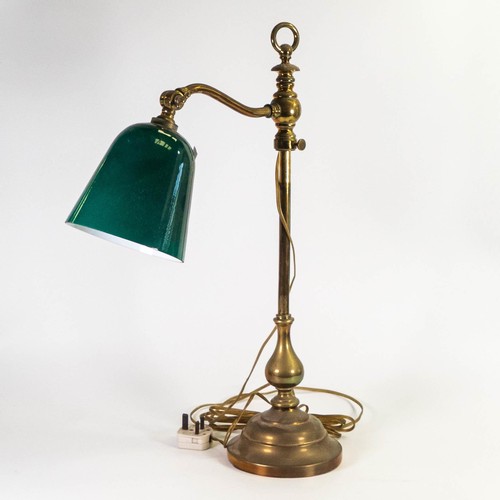 2060 - Edwardian heavy brass desk lamp with enamelled shade, height 60cm