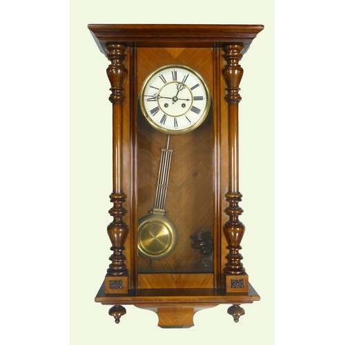 2020 - Walnut Vienna wall clock, sprung movement with pediment missing, length 90cm