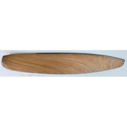 2220 - Large wooden antique propeller blade with brass leading edge, length 160cm, couple of nicks to rear ... 