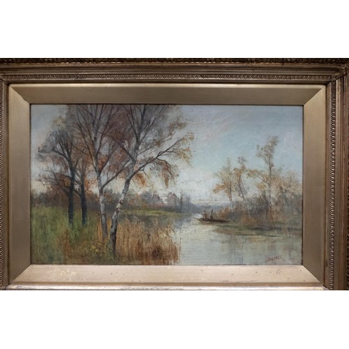 2175 - J Harnack, pair of oil paintings on canvas, one with river & boat scenes and the other of country ho... 