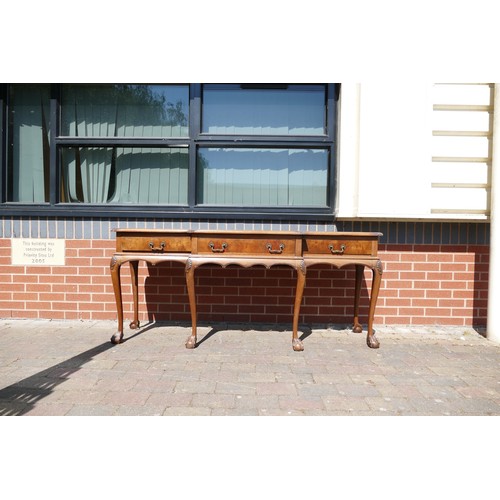 2051 - Walnut carved break fronted 3 drawer serving table on ball & claw feet, circa 1920's, length 180cm, ... 