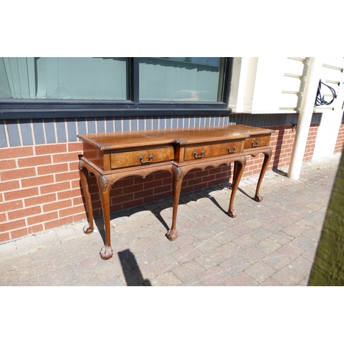 2051 - Walnut carved break fronted 3 drawer serving table on ball & claw feet, circa 1920's, length 180cm, ... 