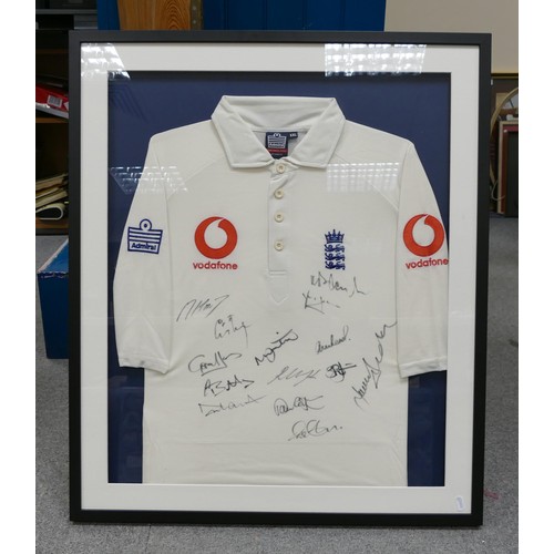 2009 - Team signed England Cricket shirt, frame size 84 x 72cm