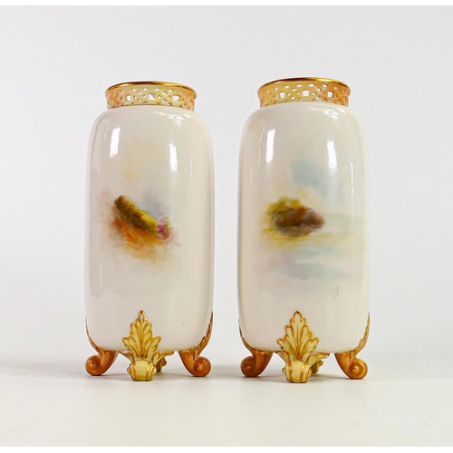 1906 - Royal Worcester pair of gilded vases decorated with highland cattle by H Stinton, shape G42, puce fa... 