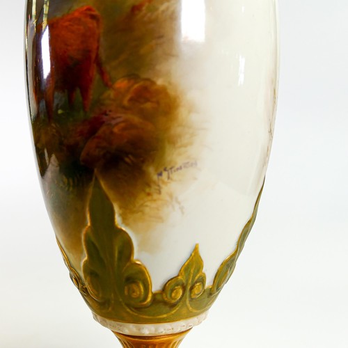 1910 - Royal Worcester gilded vase decorated with highland cattle by H Stinton, shape 1858, puce factory ma... 