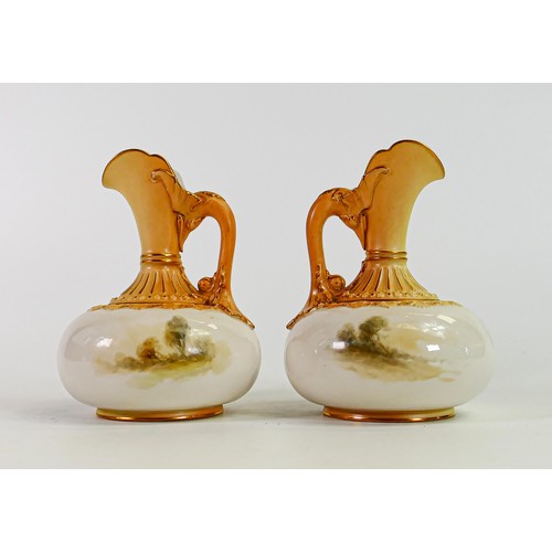 1913 - Pair Royal Worcester ewers decorated with mallard ducks by J Stinton, shape 1137, puce factory marks... 