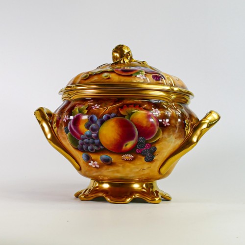 1916 - Royal Worcester large two handled tureen & cover  decorated with fruit by J Bowman, black factory ma... 