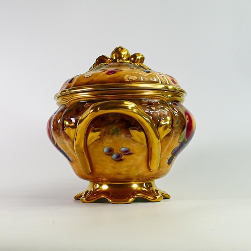 1916 - Royal Worcester large two handled tureen & cover  decorated with fruit by J Bowman, black factory ma... 