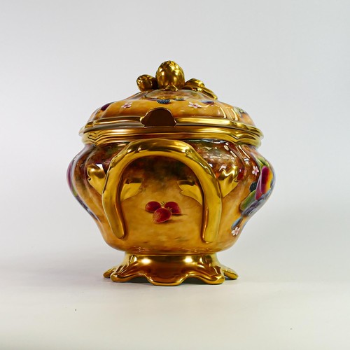 1916 - Royal Worcester large two handled tureen & cover  decorated with fruit by J Bowman, black factory ma... 