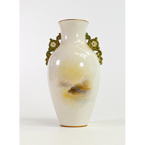 1917 - Royal Worcester two handled vase decorated with highland cattle by H Stinton, shape no G520, green f... 