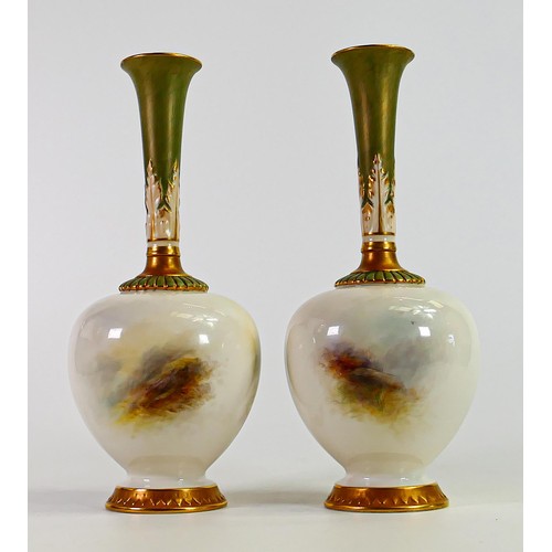 1923 - Pair Royal Worcester gilded vases hand painted with highland cattle by H Stinton, shape no 1661, puc... 