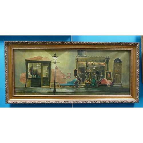 2178 - Deborah Jones oleograph titled Antique shop. Frame size 38.5cm x 84cm minor damage to frame