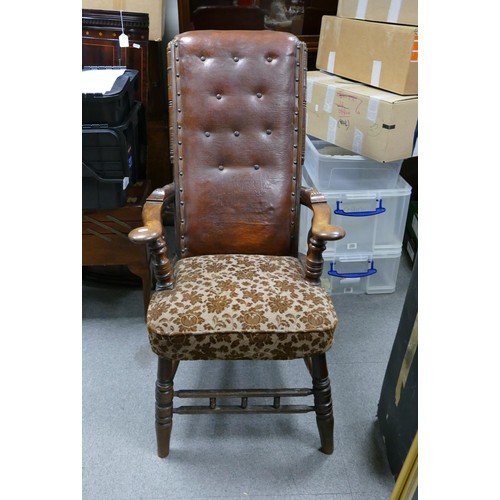 2057 - 19th century upholstered armchair on turned legs and arm supports, high buttoned leather back