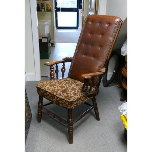 2057 - 19th century upholstered armchair on turned legs and arm supports, high buttoned leather back