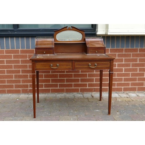 2068 - Edwardian Mahogany inlaid ladies two drawer writing table with raised back. Height 102cm, width 91cm... 