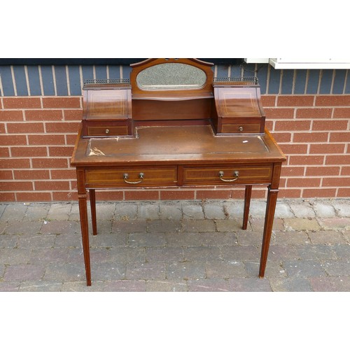 2068 - Edwardian Mahogany inlaid ladies two drawer writing table with raised back. Height 102cm, width 91cm... 