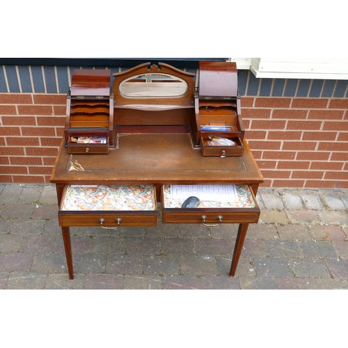 2068 - Edwardian Mahogany inlaid ladies two drawer writing table with raised back. Height 102cm, width 91cm... 