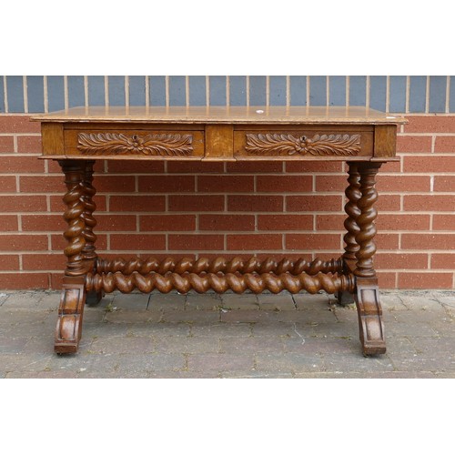 2069 - Victorian oak two drawer side table with Barley Twist supports. Height 71cm, width 106cm, depth 61cm