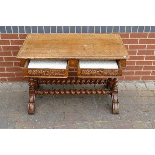 2069 - Victorian oak two drawer side table with Barley Twist supports. Height 71cm, width 106cm, depth 61cm