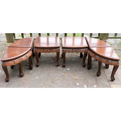 2081 - South Asian carved hardwood oval glass topped coffee table with six matching stools. Length 119cm, w... 