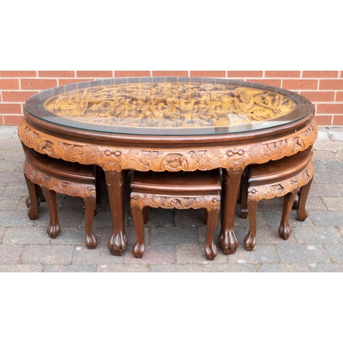 2081 - South Asian carved hardwood oval glass topped coffee table with six matching stools. Length 119cm, w... 