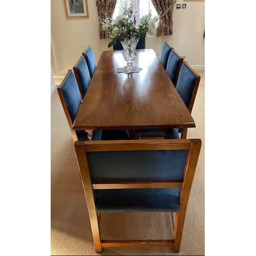 2071 - Good quality reproduction oak Refectory table with matching upholstered 6 chairs and 2 carver chairs... 