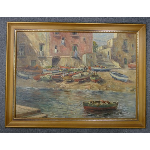 2185 - Signed and dated 1929, oil painting on canvas, boat and harbour scene, 69cm x 50cm.