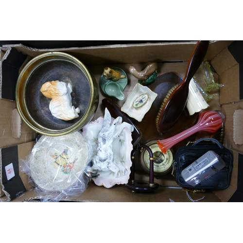 44 - A mixed collection of items to include Wooden Bowl with brass surround,  Wade Terrier, Alton pottery... 