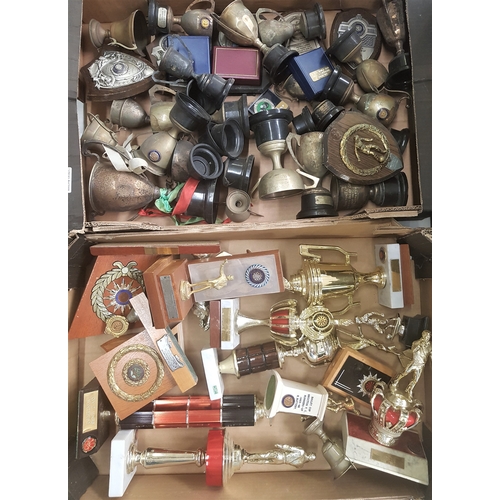 118 - A large collection of darts and football trophies from the 1950s and 1980s (2 trays)