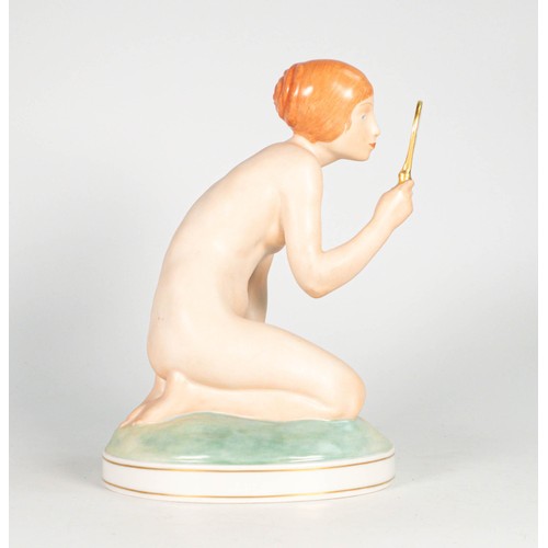 1531 - Royal Copenhagen Gerhard Henning figure modelled as a kneeling female nude holding a mirror to her f... 