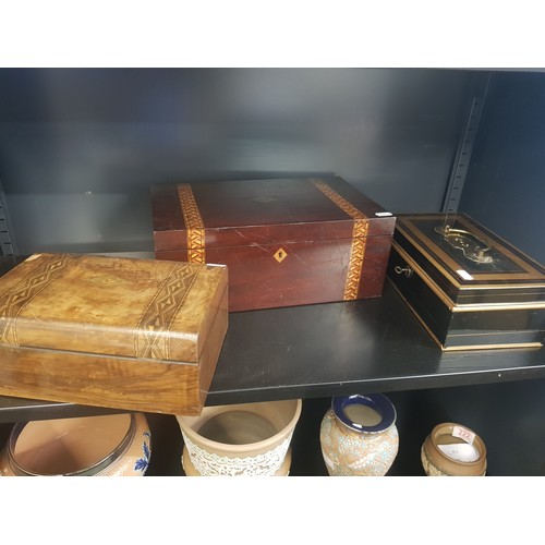 2 - Two Inlaid Antique Jewellery Boxes together with similar metal strong box, largest 35.5cm in length(... 