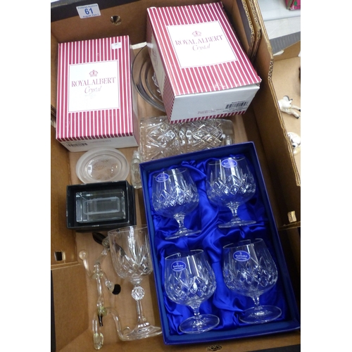 61 - A collection of glass and crystal ware items including boxed glasses, paperweight etc (1 tray).