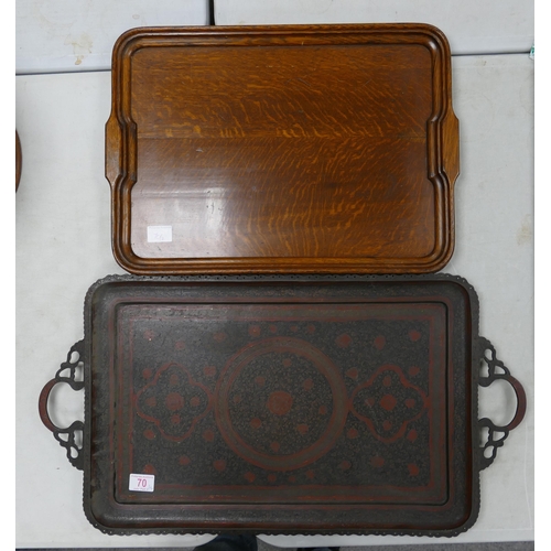 70 - Large Enamelled Antique Serving tray & similar oak item(2)