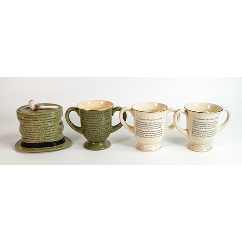 76 - Wileman (Foley) tobacco jar with verse & 3 Loving cups, all decorated with Yorkshiremans coat of arm... 