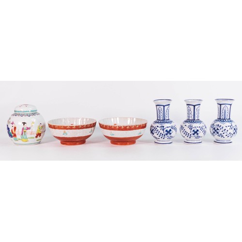 98 - A mixed group of items to include Japanese bowl & Ginger jar together with 3 blue & white decorated ... 