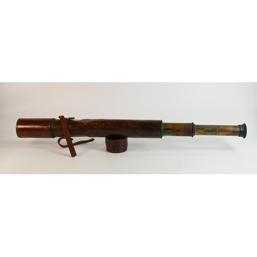 111 - Early 20th century leather bound brass two-drawer Mk IV Field-Artillery telescope, marked Broadarrow... 