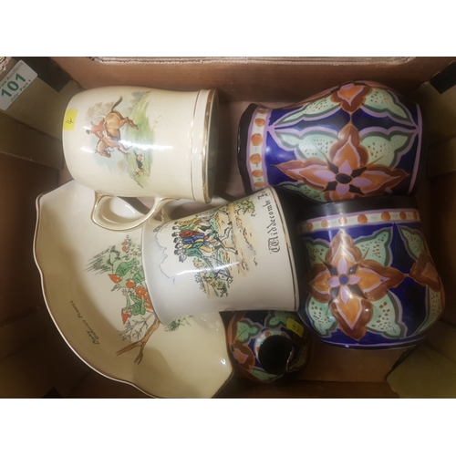 479A - Crown Devon items to include Delph vases (1 A/F), Widdecombe tankard, Pixie dish and a unmarked musi... 