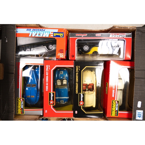 451 - A collection of Boxed Burago scale model Classic Car  Vehicles including AC Cobra, Jaguar, Revel Por... 