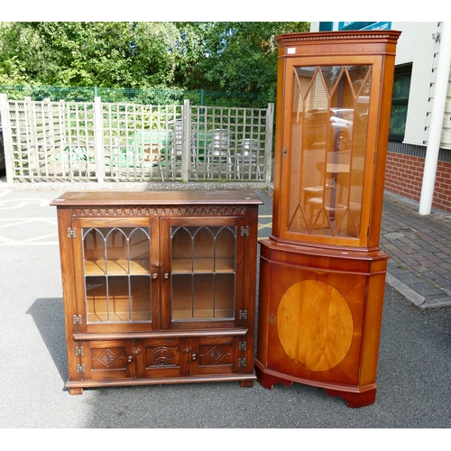 614 - 20th century Dark Oak Priory Style display cabinet together with Reproduction Yew Corner Display Cab... 