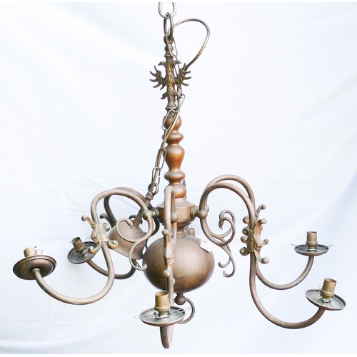 499C - Vintage Flemish Style Brass & Copper 6 branch chandelier, diameter 75cm