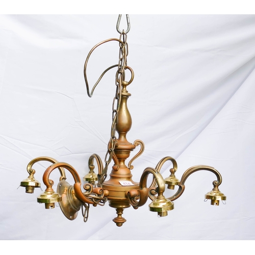 499E - Vintage Flemish Style Brass & Copper 6 branch chandelier, diameter 58cm