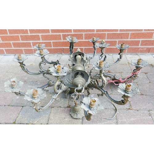 499F - Vintage Flemish Style Brass 10 branch chandelier, diameter 90cm