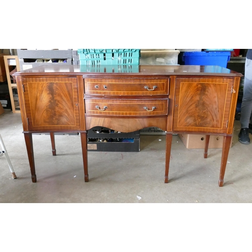 617 - Sheraton Revival Two Drawer Sideboard with inlay banding. Drawers flanked by two cupboards (one hand... 