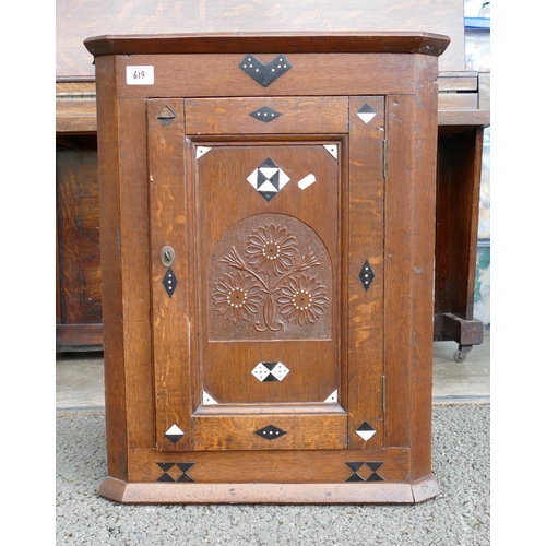 619 - Late Victorian Small Corner Cupboard with geometric bone and ebony wood inlay, floral motif carved t... 