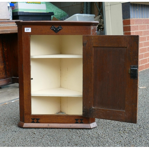 619 - Late Victorian Small Corner Cupboard with geometric bone and ebony wood inlay, floral motif carved t... 