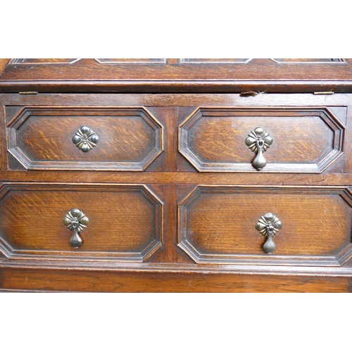 620 - Jacobean Revival Bureau Bookcase. Top with wood banded octagonal windows on barley twist legs and sh... 