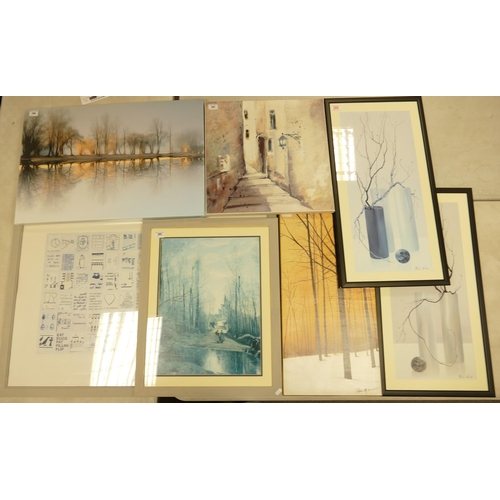 380 - A Collection of Seven Prints Framed and on Canvas Including Modern Art, Country Side Village Scene, ... 