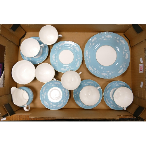 383 - Colclough 'Blue Acorns' pattern teaware, 39-pieces to include 6 trios, milk jug, open sugar bowl and... 