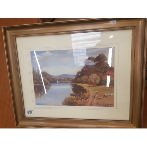 498 - Framed and glazed oil on board of a riverside scene, signed O. Sirett lower right, overall size 59.5... 